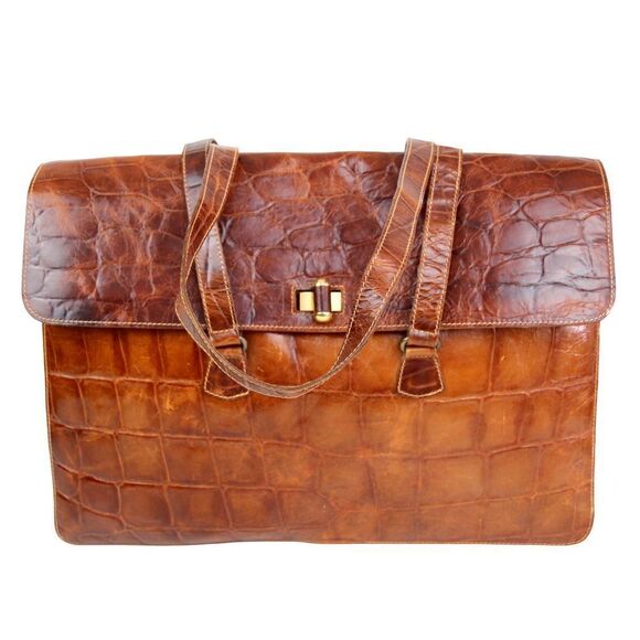 FURLA ITALY TAN BROWN CROCO PRINT GENUINE LEATHER FLAP BUSINES SHOULDER BAG - Picture 6 of 12